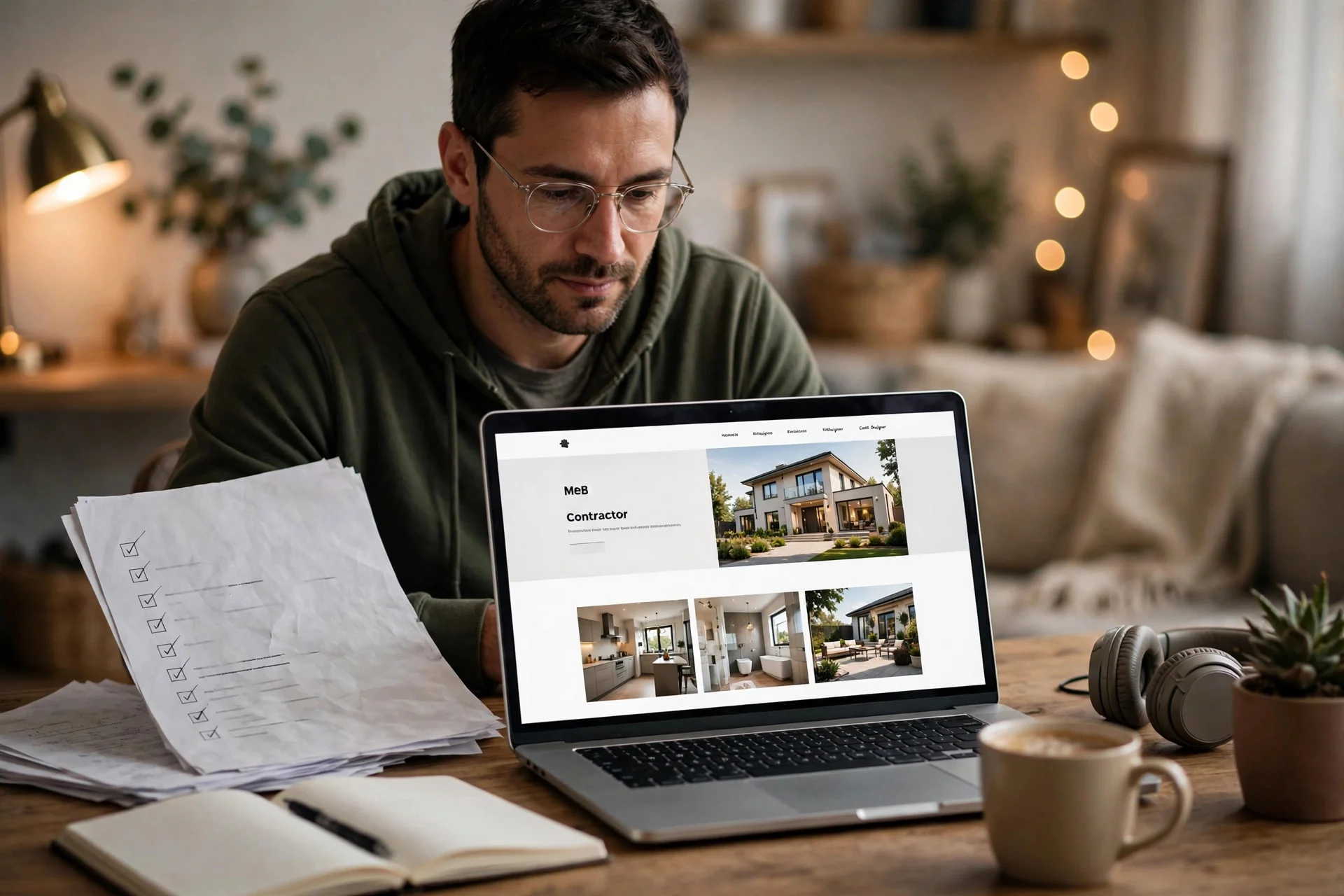 Web designer reviewing a newly launched contractor website on a laptop with a printed launch checklist beside it