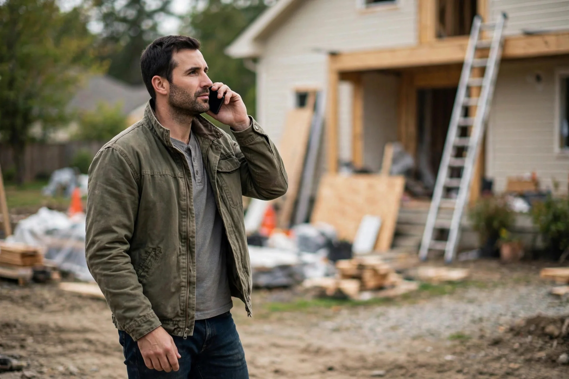 Contractor taking a customer call on his smartphone at a residential job site