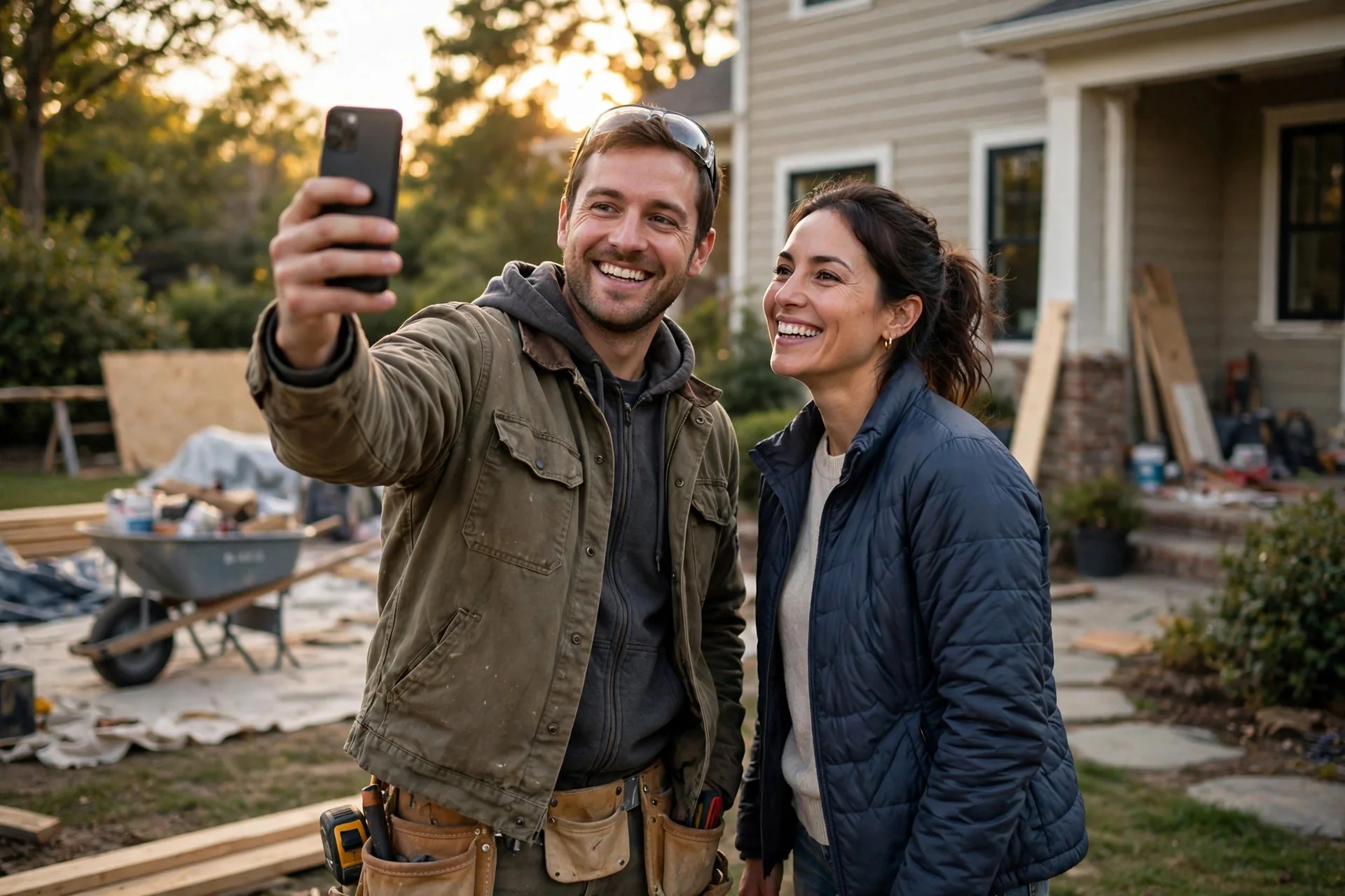 Contractor and happy customer taking a selfie with a smartphone at a residential job site.