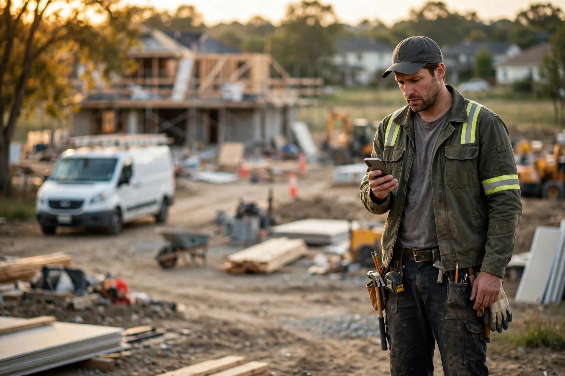 Contractor at a construction site checking his business website on a smartphone