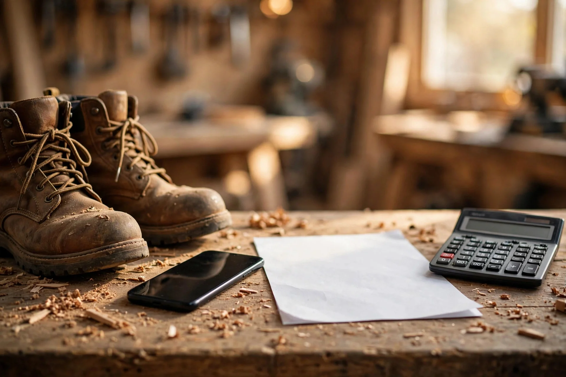 Calculator and invoice beside a contractor's smartphone and work boots, showing the true cost of a cheap website