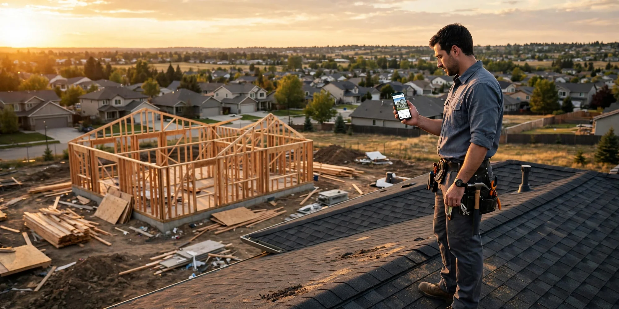 Contractor on a rooftop at sunset holding a smartphone showing a business website