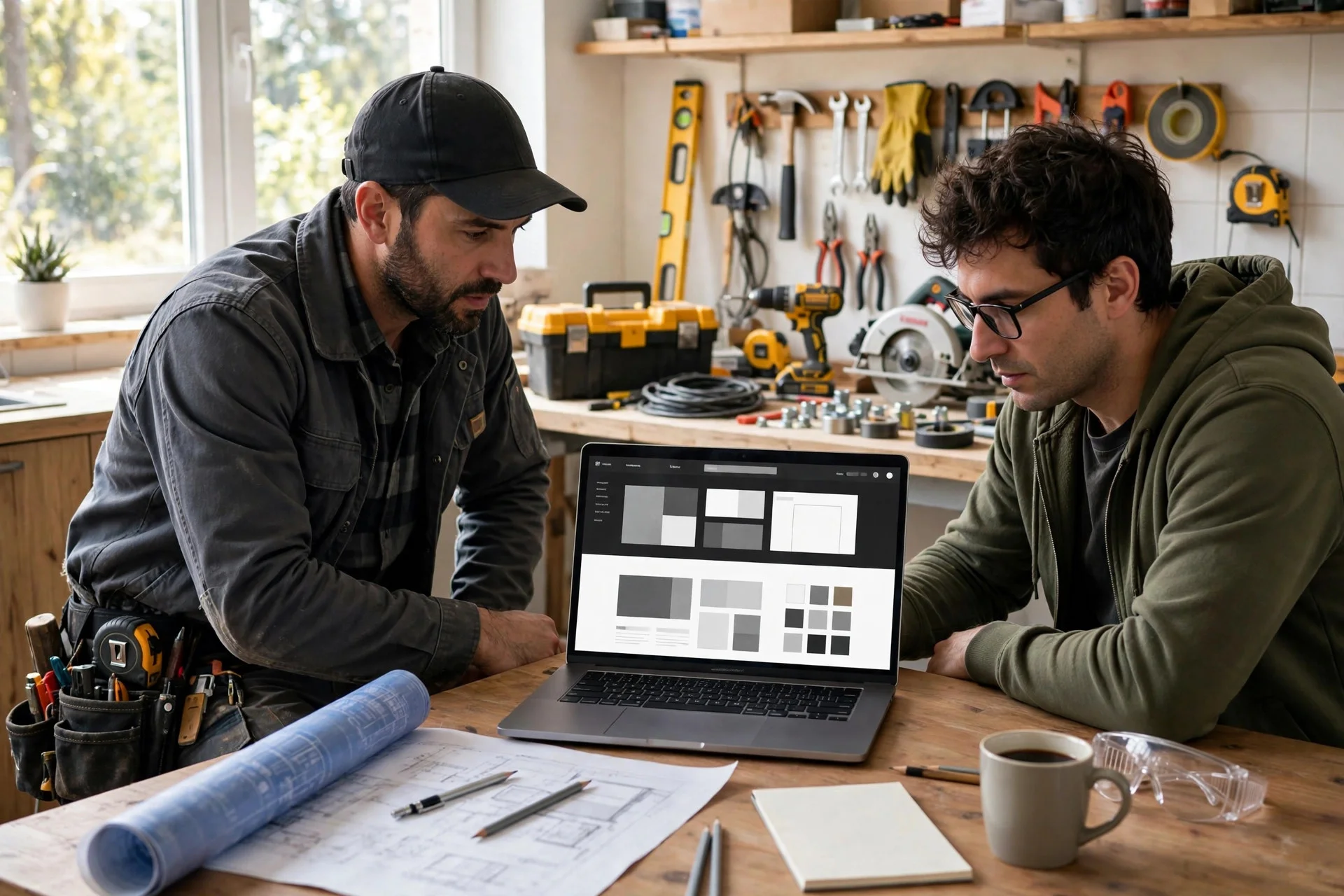 Contractor and web designer reviewing website design plans on a laptop at a workbench, before hiring a designer