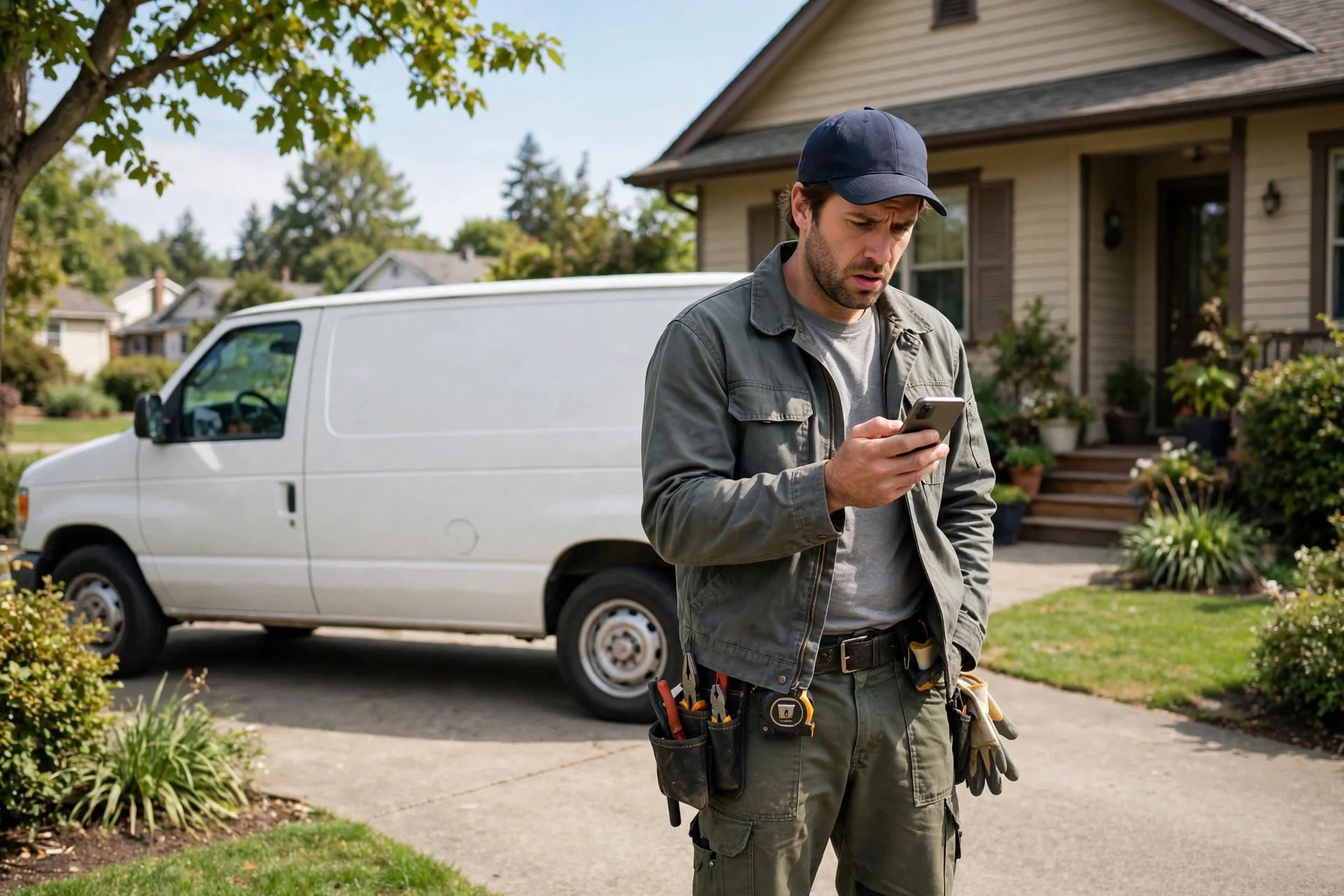 Contractor standing beside his work van looking at his smartphone, searching for his business on Google