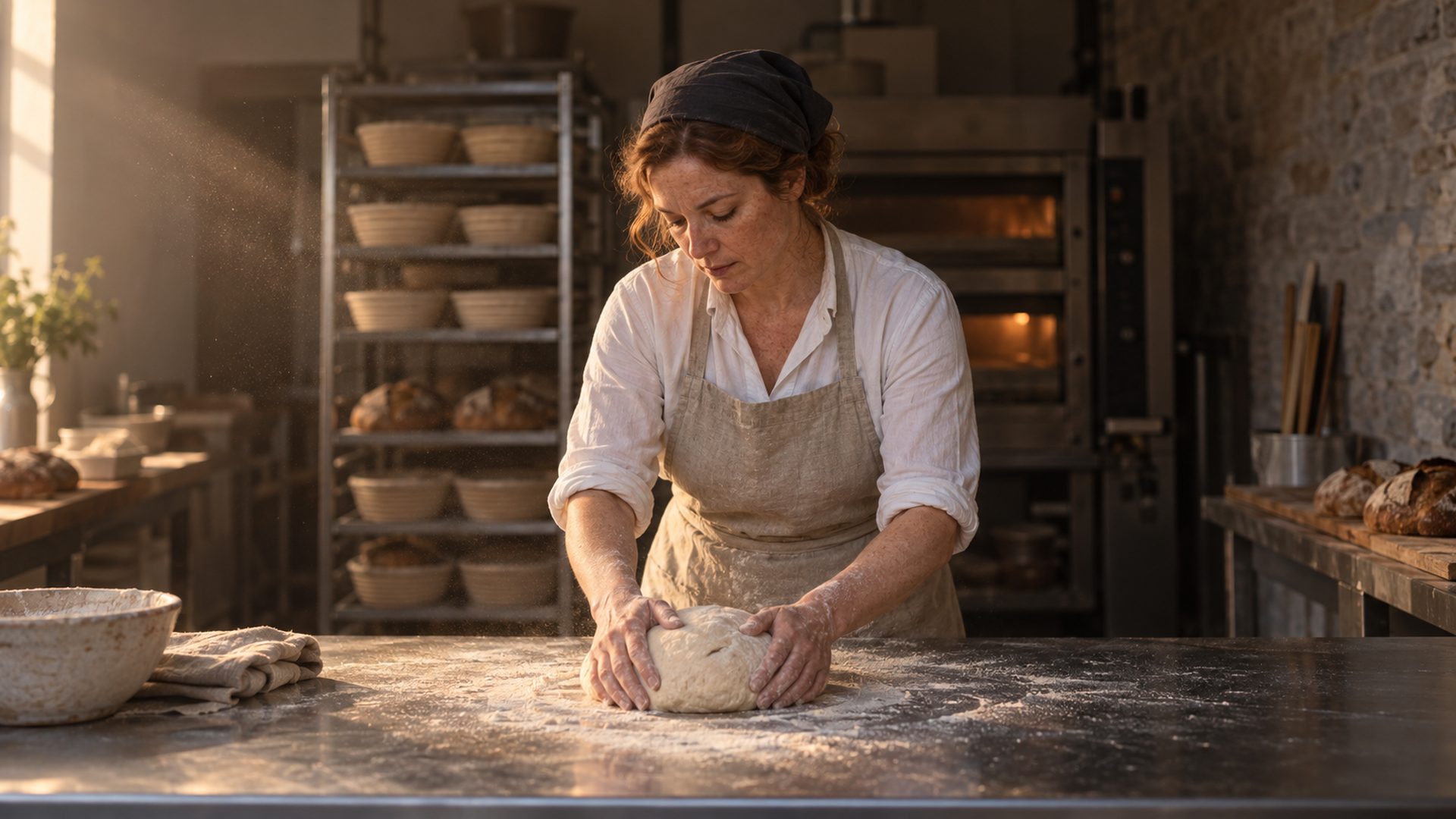 A baker shapes dough on a floured steel table at dawn.