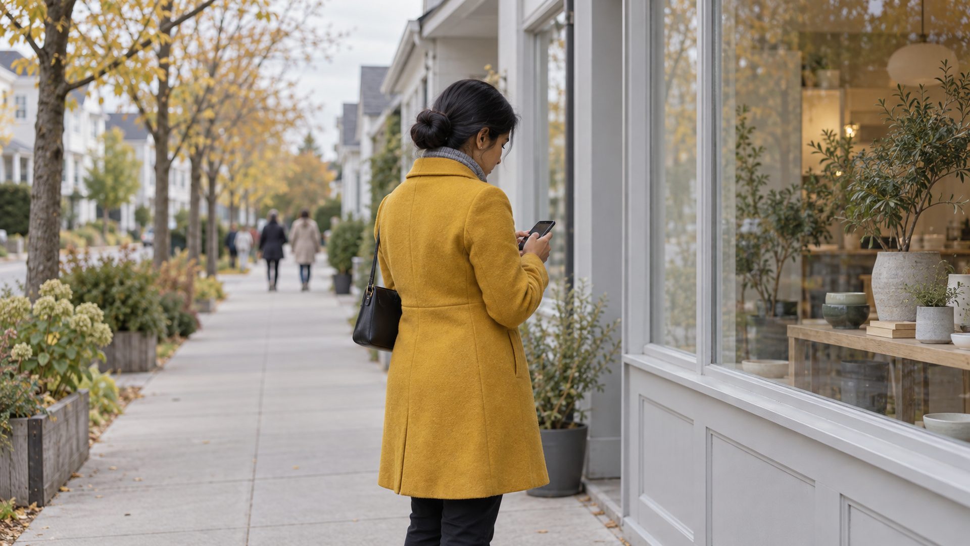 A woman in a yellow coat checks her phone outside a shop on a tree-lined street.