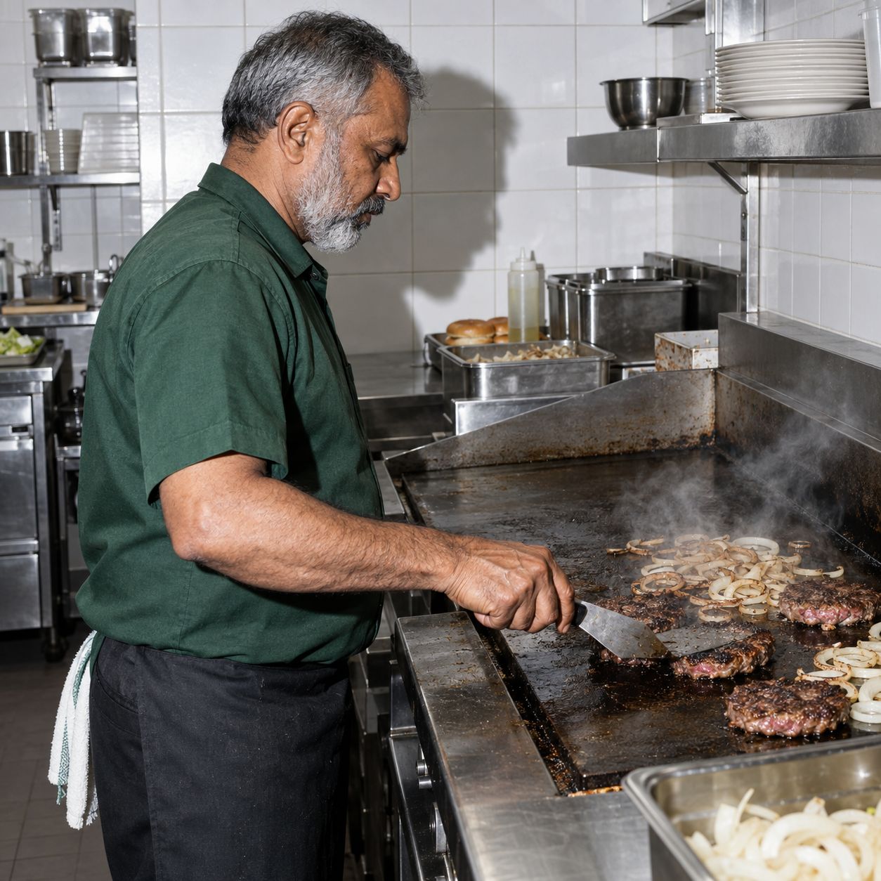 A cook works a flat-top grill in a small diner kitchen.