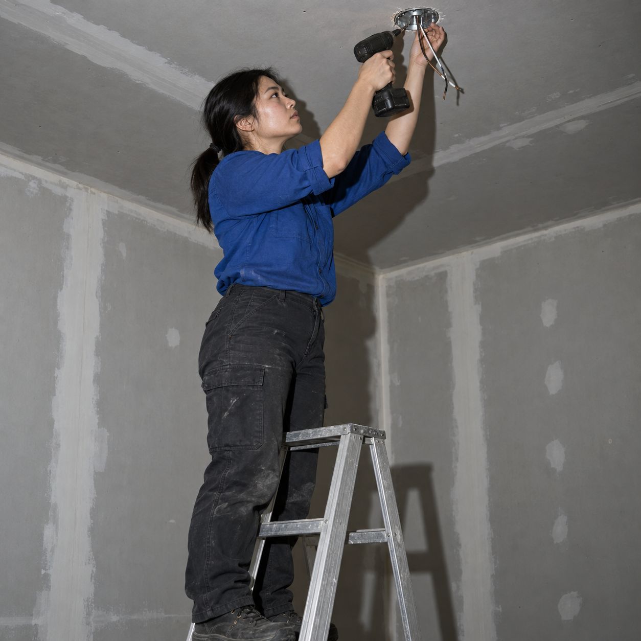 An electrician on a stepladder installs a ceiling fixture in a half-finished room.