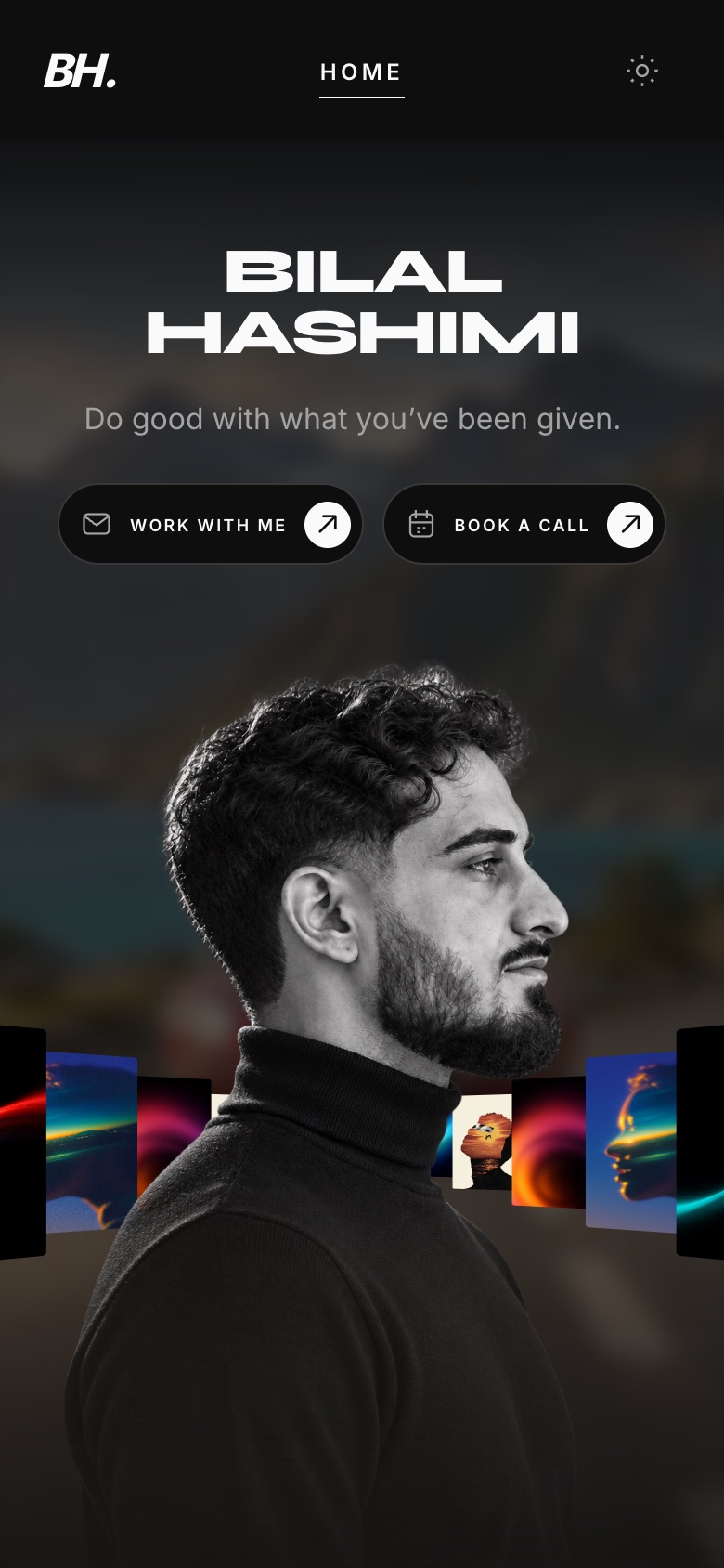 bilalhashimi.ca on a phone: the name over two lines, the two buttons and the portrait.