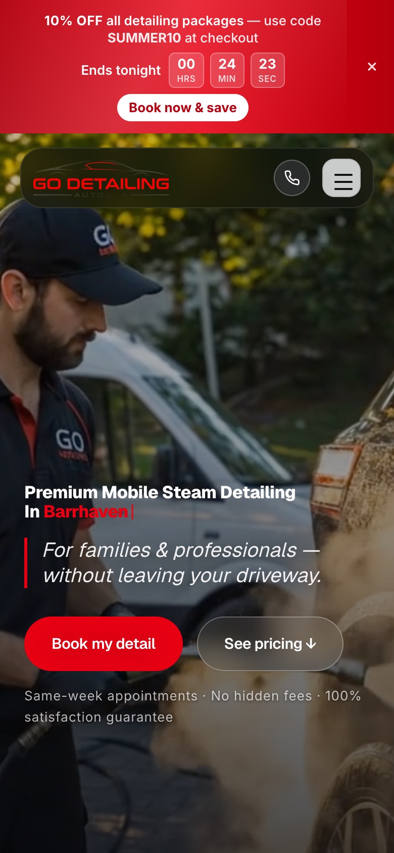 godetailing.ca on a phone: the steam-cleaning photo, the headline and the Book my detail button.